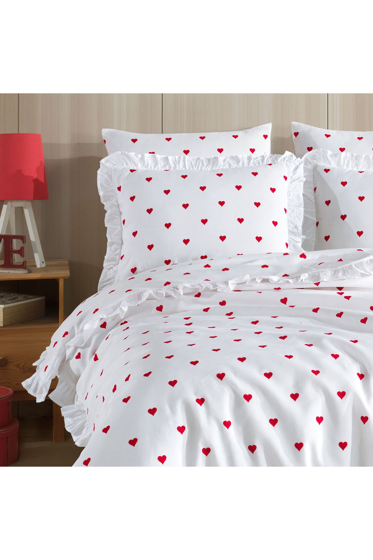 Lief Home Fırfırlı Kalpli Tek Kişilik Nevresim Takımı | 2 Yastık Kılıfı | Lastikli Çarşaflı | 160x220cm