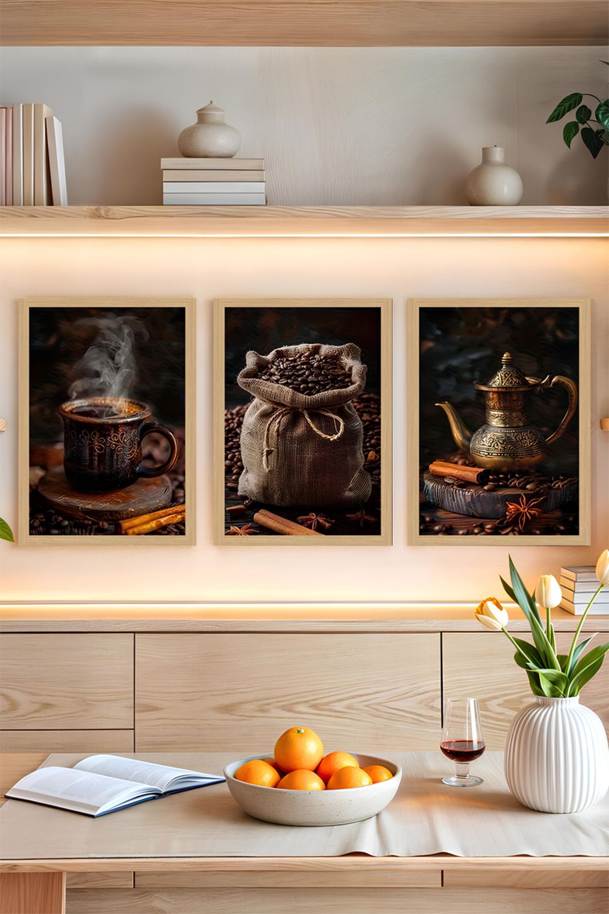 kutuTR 🖼️ 3'lü Çerçeve Görünümlü Kahve Temalı Tablo Seti – MDF Zeminli UV Baskı CRVS1006