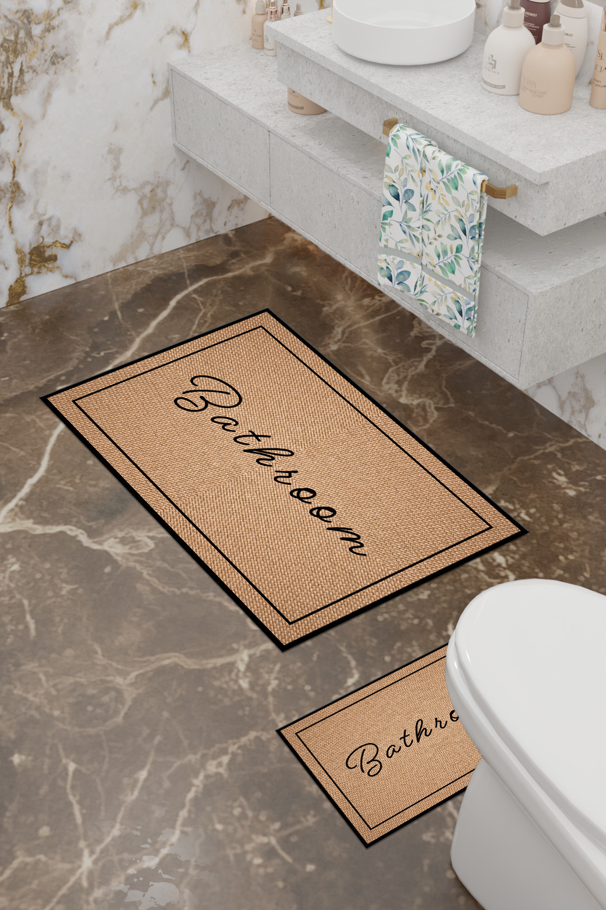 Charmbi-Wicker Patterned Eco Bath Mat, Non-Slip Base, Machine Washable, Digital Printing Set of 2 3