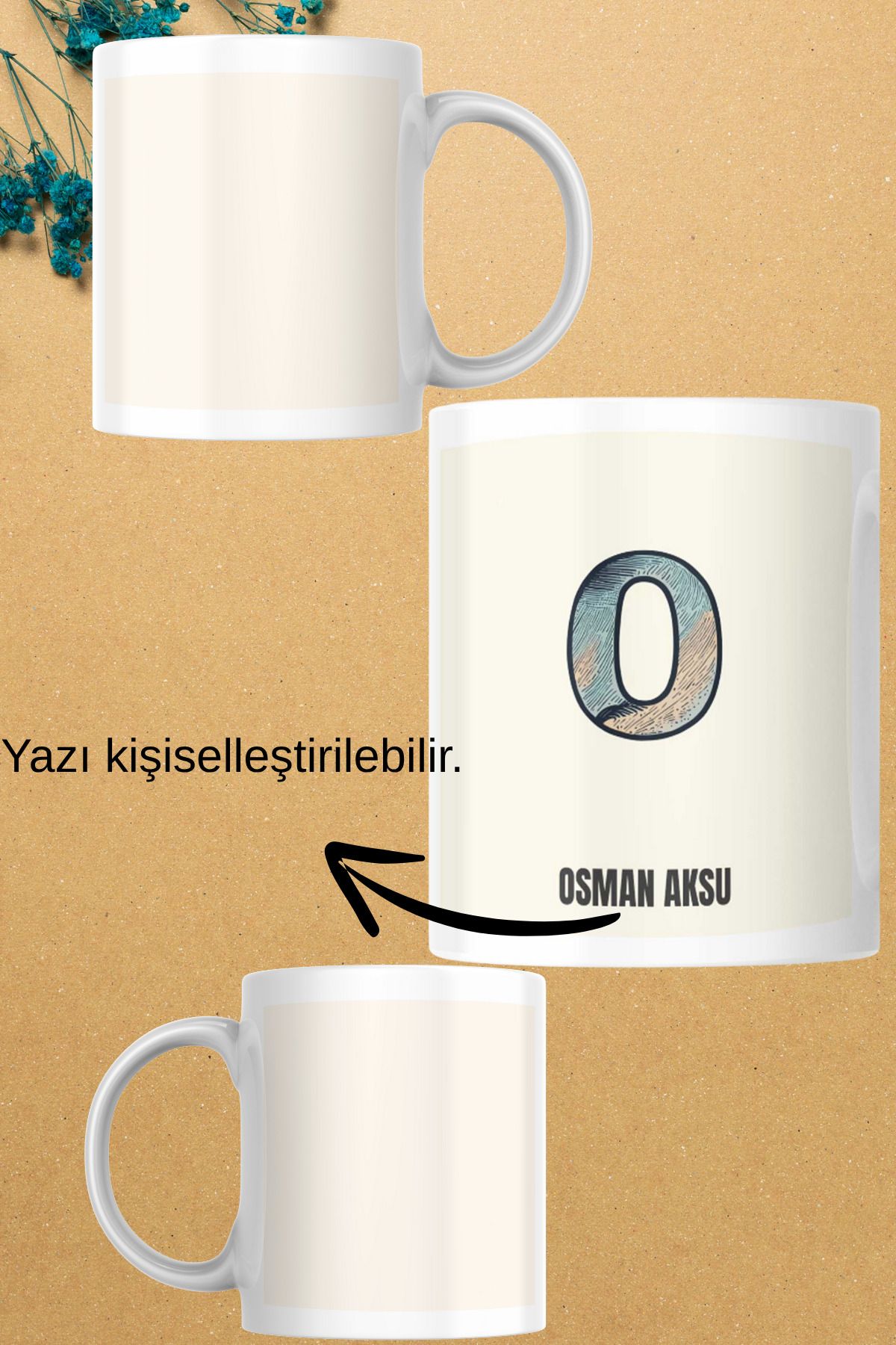 zerhome O Harf ve İsim Soyisimli Beyaz Porselen Kupa Bardak