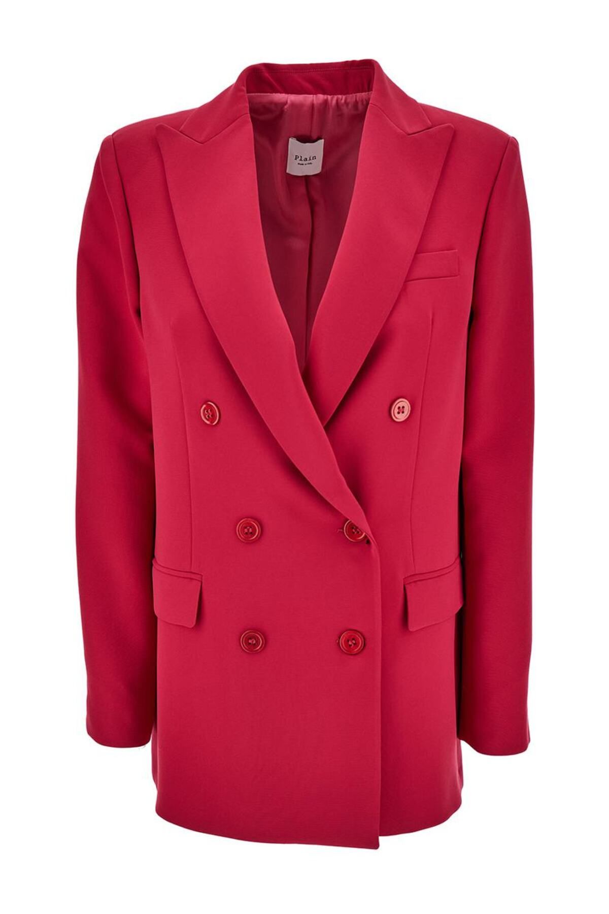 PLAIN-Jachetă fuchsia cu două nasturi, rever cu vârf și nasturi tonali din material elastic, femeie 1