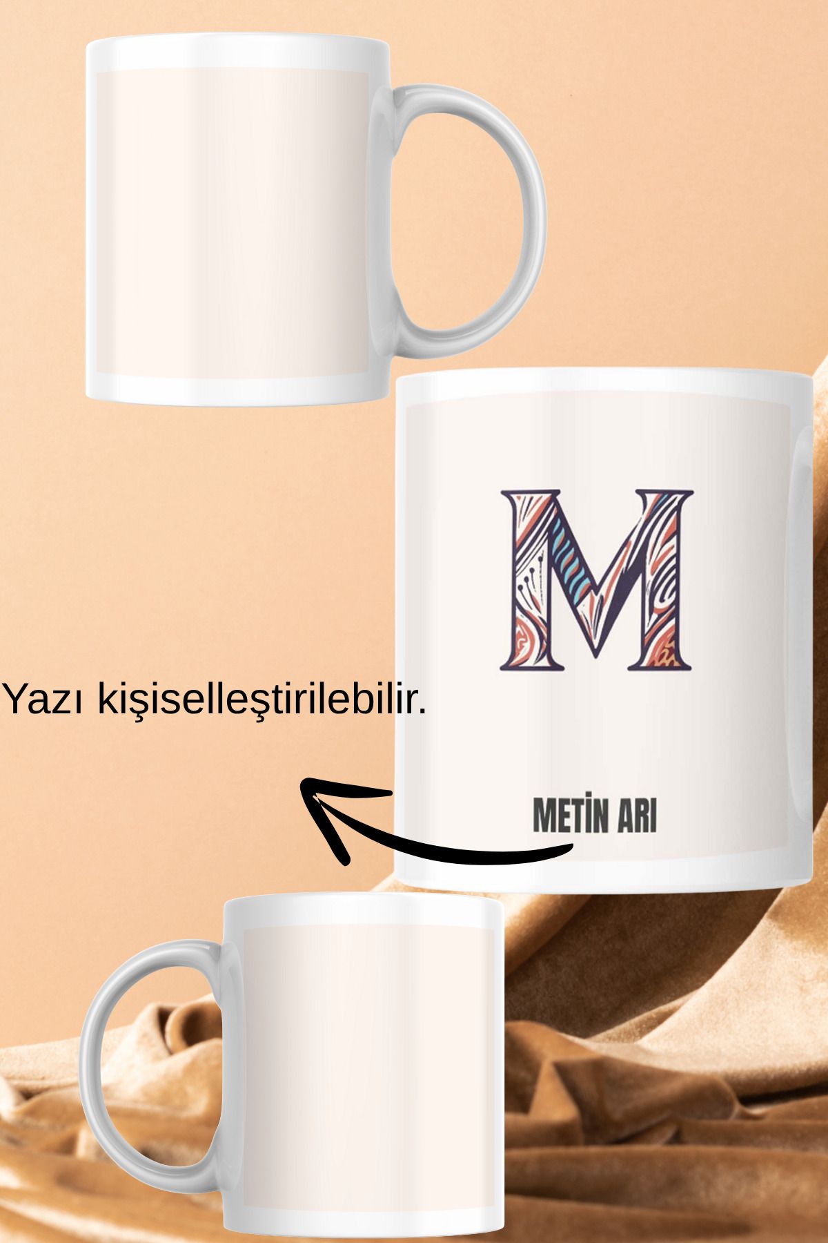 zerhome M Harf ve İsim Soyisimli Beyaz Porselen Kupa Bardak