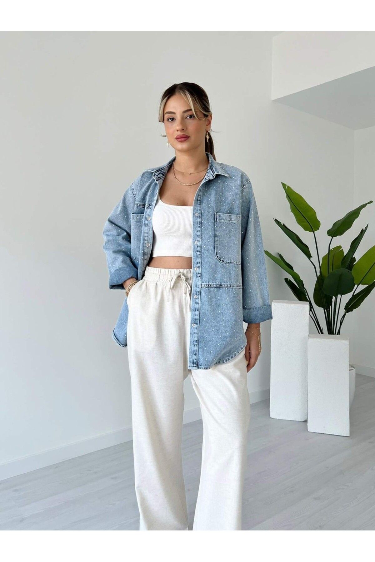 tiamoda Serpme Taşlı Denim Gömlek