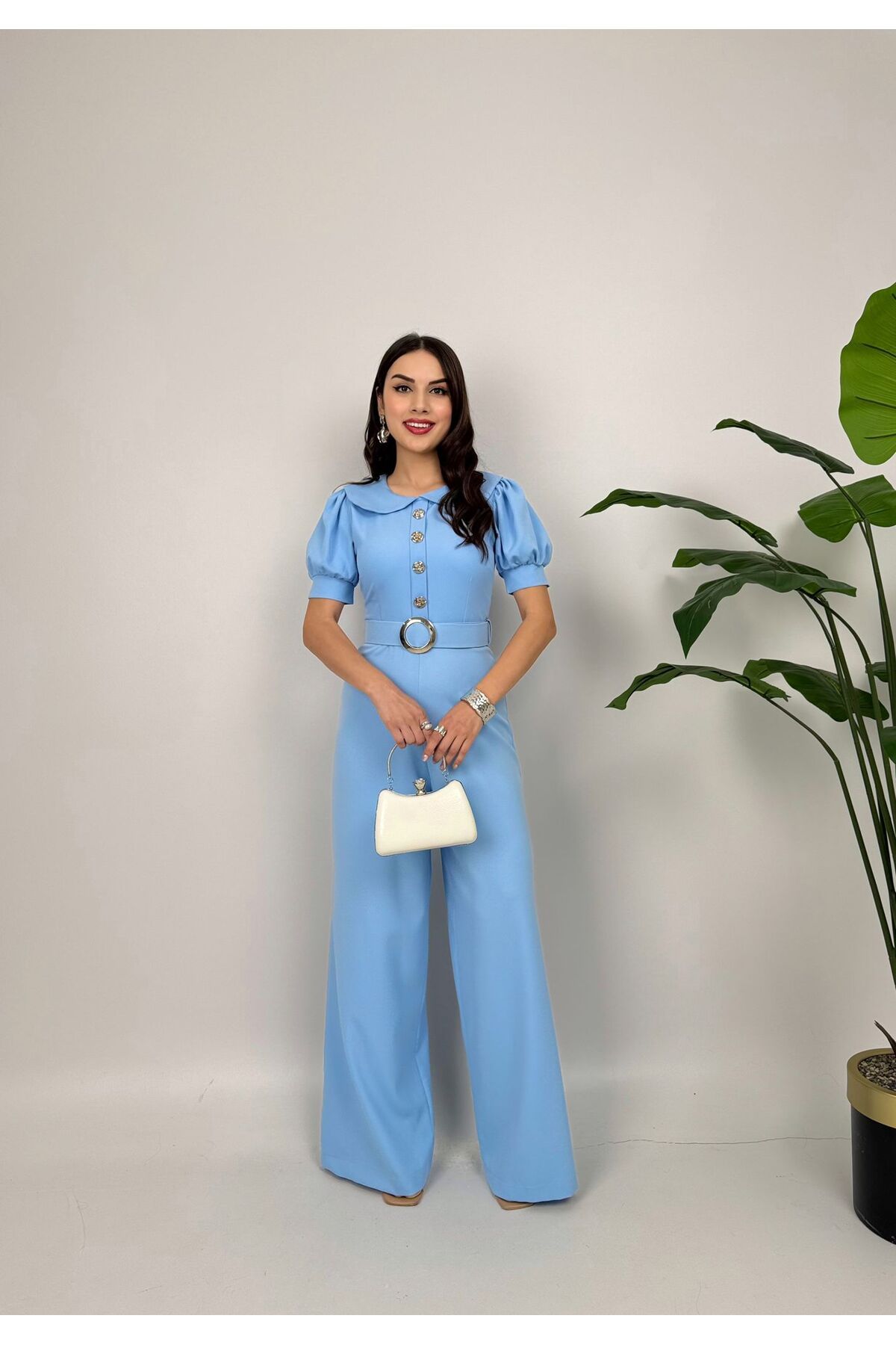 mafdress Kadın Mavi Bebe Yaka Tulum