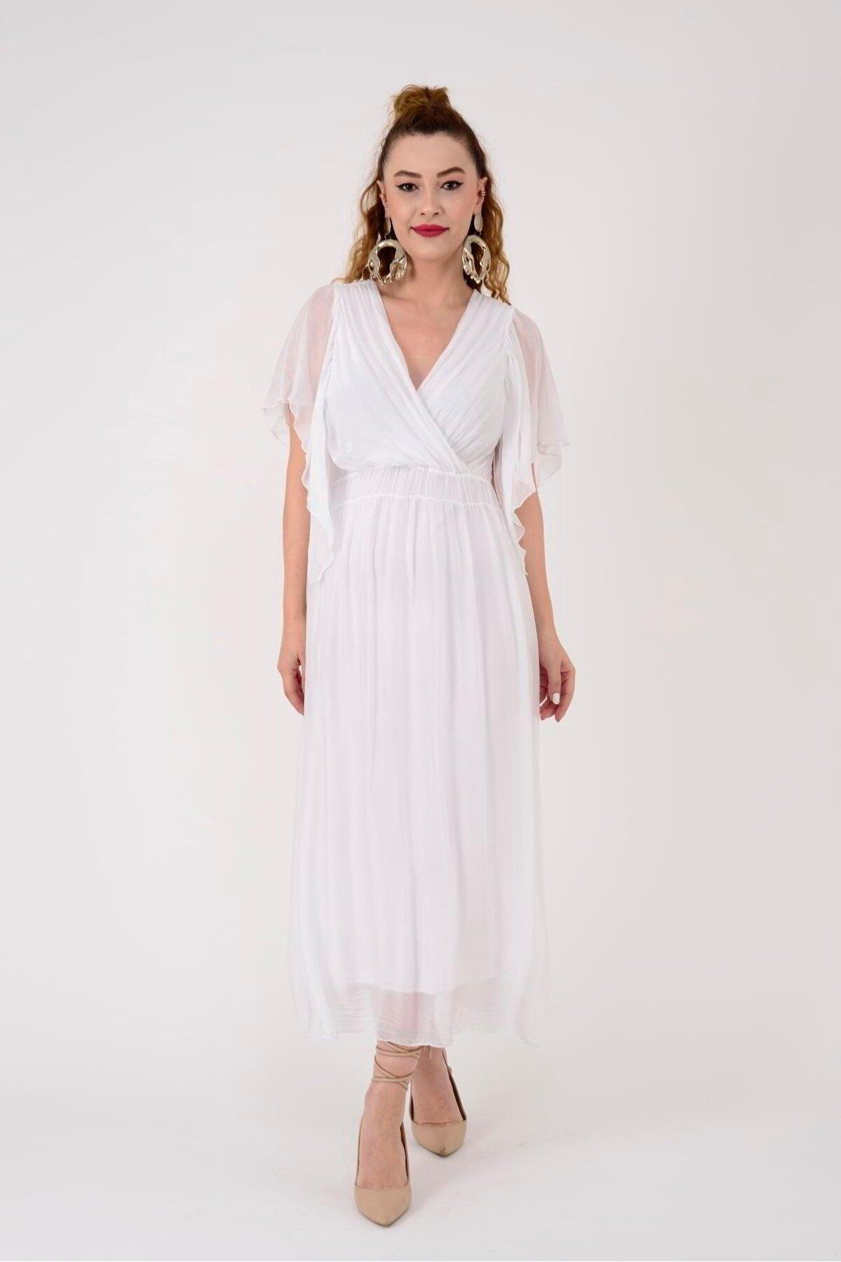 Park Moda 7066 Düz Desen Kruvaze Yaka İpek Elbise