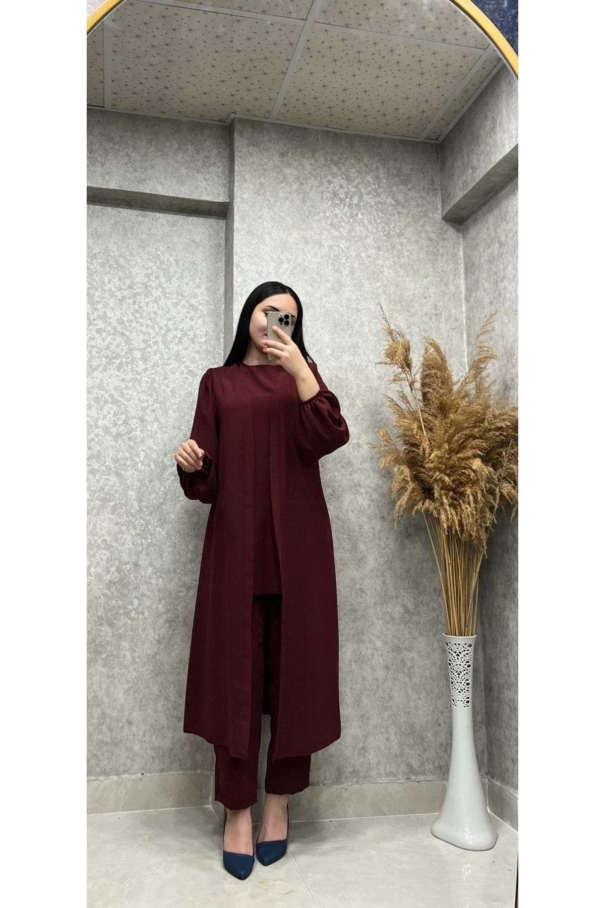 naqshestore 25Y8452 TAKIM ÜÇLÜ PANTOLON İÇLİK KAP BELİ KUŞAKLI KOLU LASTİKLİ BORDO