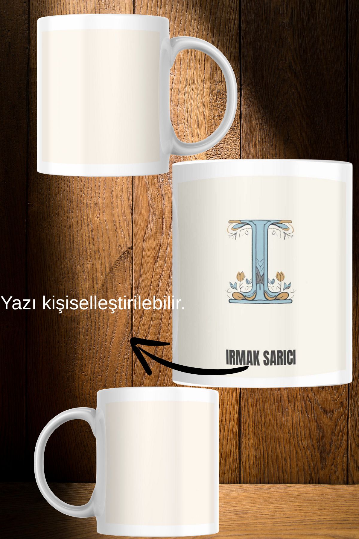 zerhome I Harf ve İsim Soyisimli Beyaz Porselen Kupa Bardak