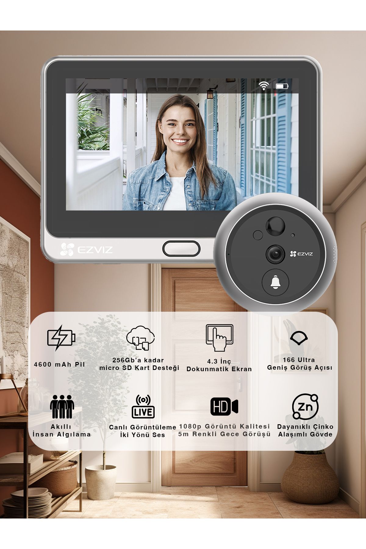 EZVIZ DP2 Akıllı Kapı (Mercek) Görüntüleyici – 4.3” Dokunmatik Ekran, Mobil Uyumlu | Fynix Teknoloji