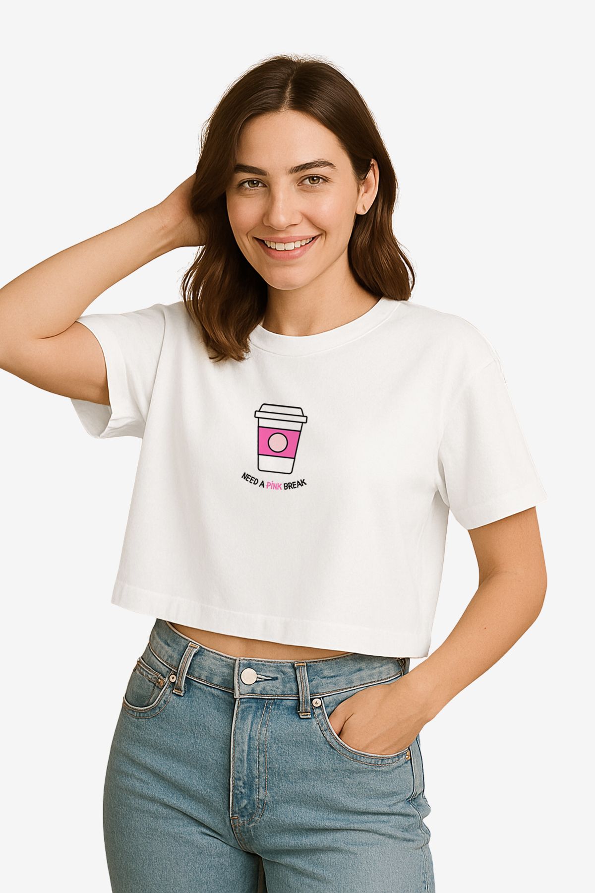 FANA Kadın Beyaz Tişört - Minimal Kahve Baskılı Yazlık Oversize Kısa T-shirt
