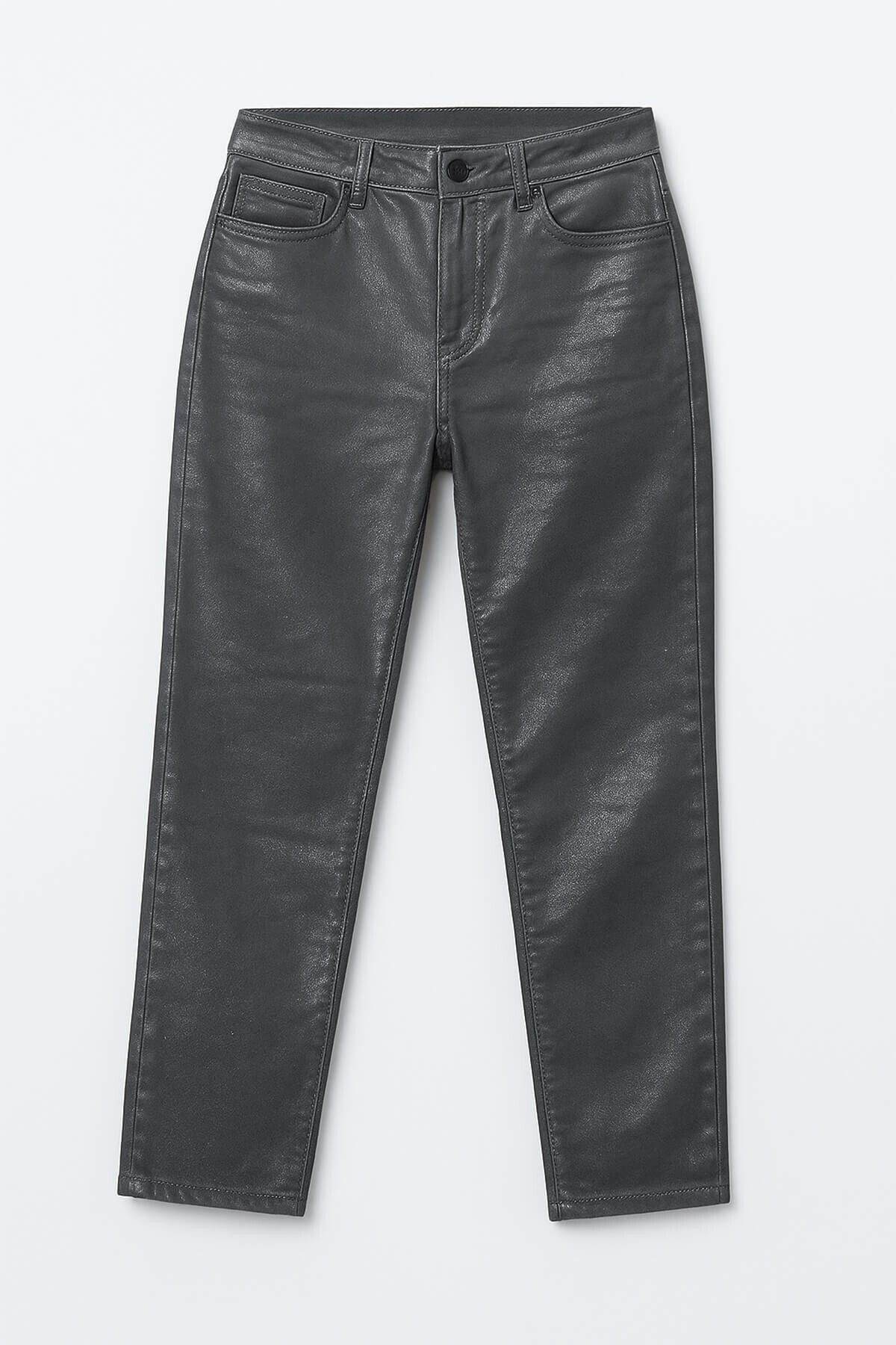 Bluewhite Kadın Yüksek Bel Parlak Mum Kumaş Wide Leg Jean Pantolon
