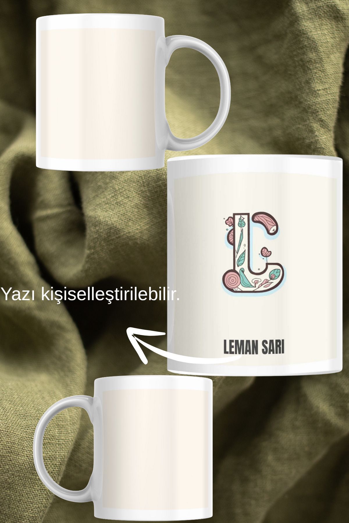 zerhome L Harf ve İsim Soyisimli Beyaz Porselen Kupa Bardak