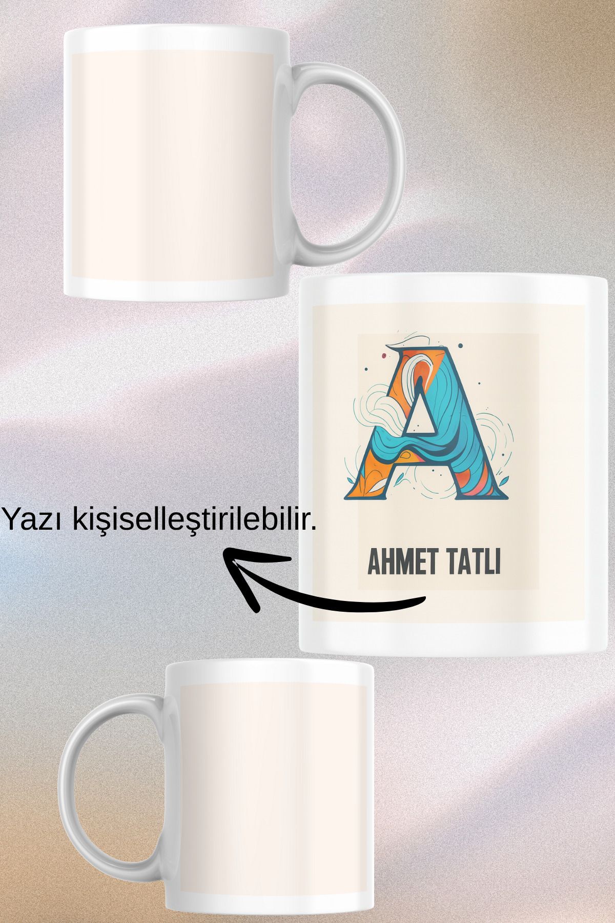zerhome A Harf ve İsim Soyisimli Beyaz Porselen Kupa Bardak