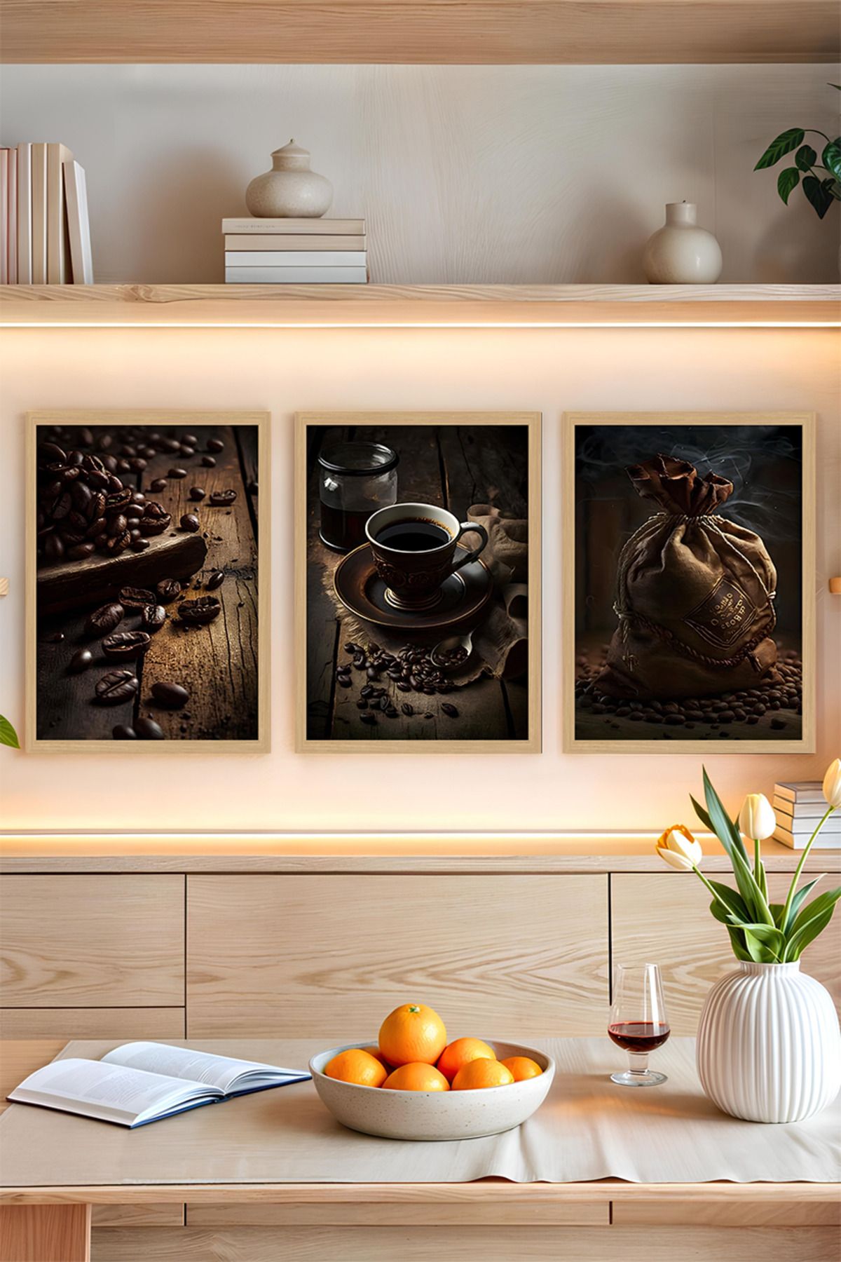 kutuTR ☕ Rustik Kahve Keyfi – 3’lü Çerçeve Görünümlü Tablo Seti (3 Ebat Seçeneği) CRVS1003