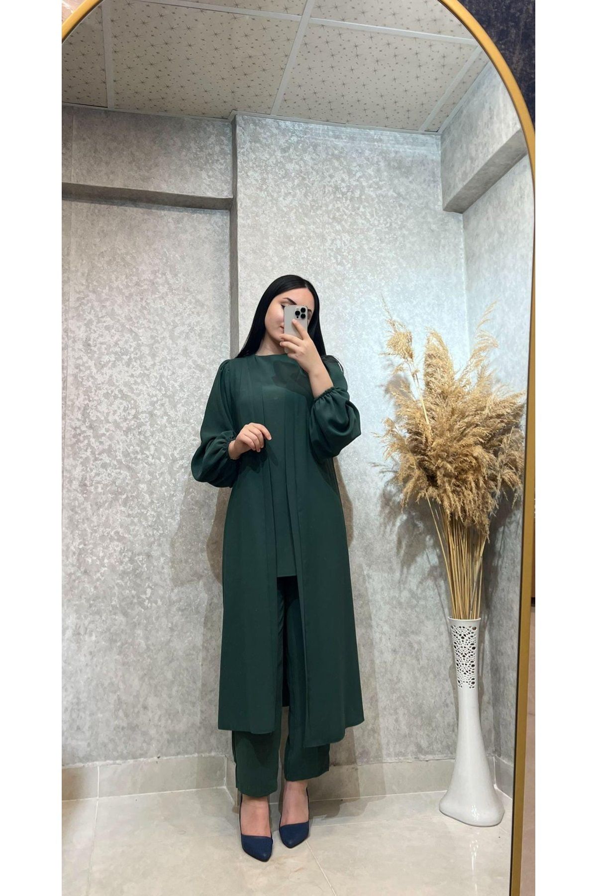 naqshestore 25Y8452 TAKIM ÜÇLÜ PANTOLON İÇLİK KAP BELİ KUŞAKLI KOLU LASTİKLİ YEŞİL