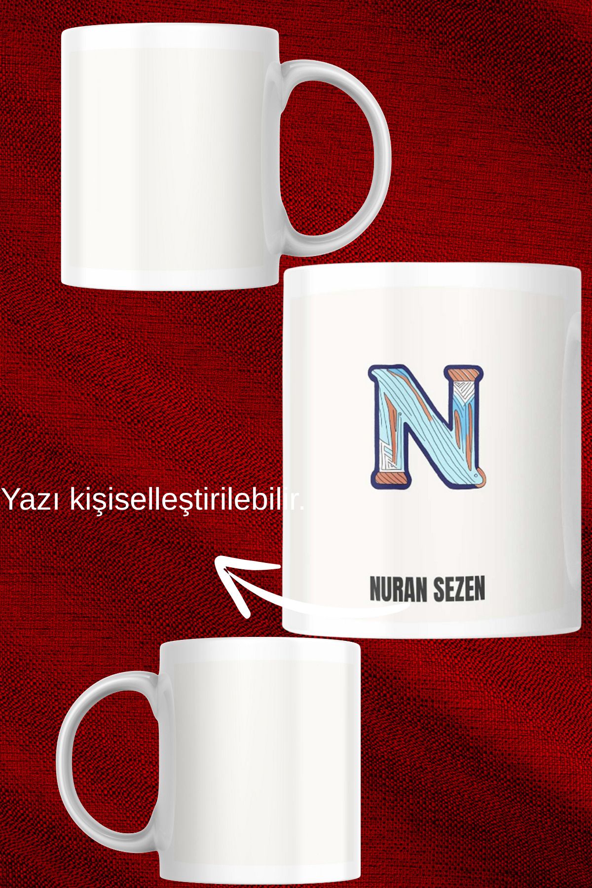 zerhome N Harf ve İsim Soyisimli Beyaz Porselen Kupa Bardak