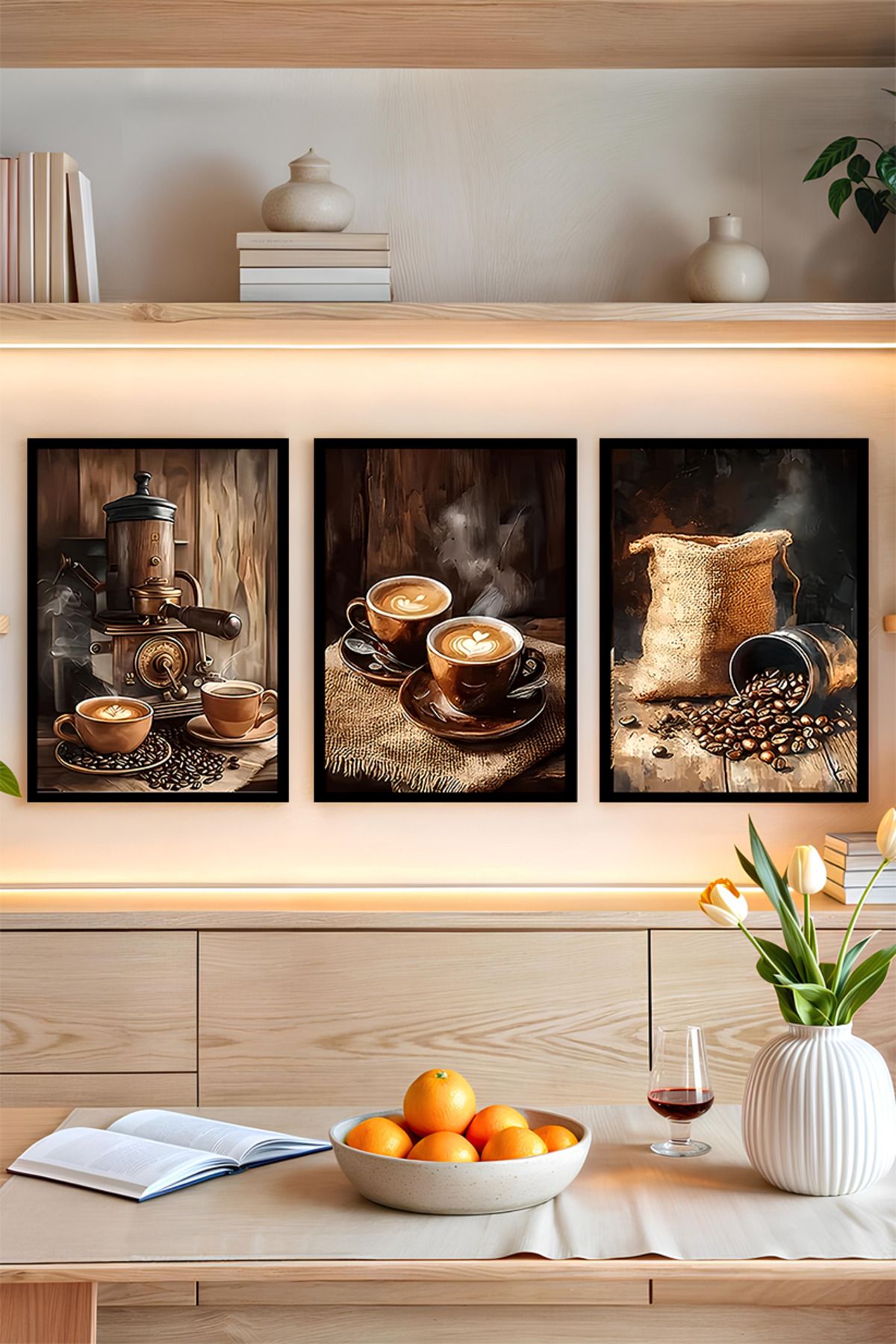 kutuTR ☕ Rustik Kahve Keyfi – 3’lü Çerçeve Görünümlü Tablo Seti (3 Ebat Seçeneği) CRVS1002