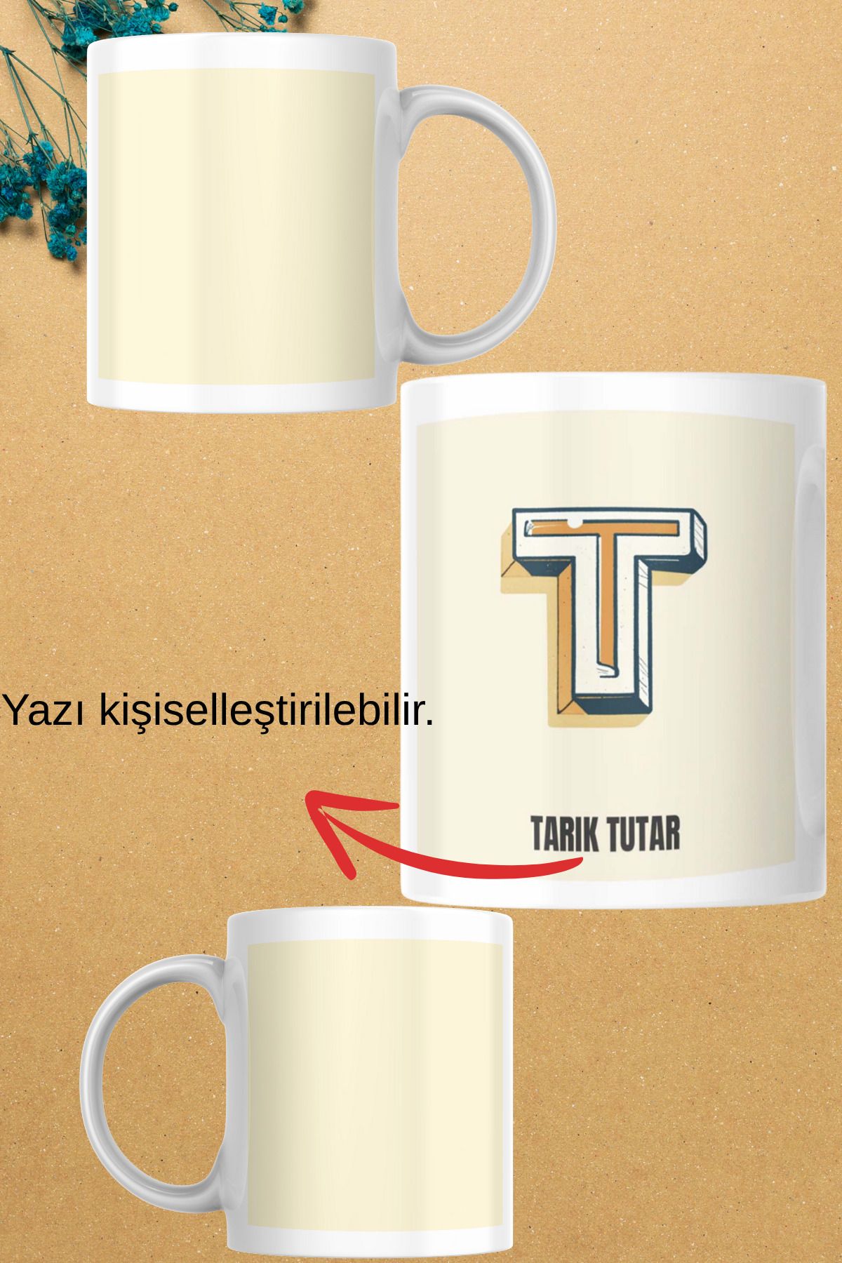 zerhome T Harf ve İsim Soyisimli Beyaz Porselen Kupa Bardak