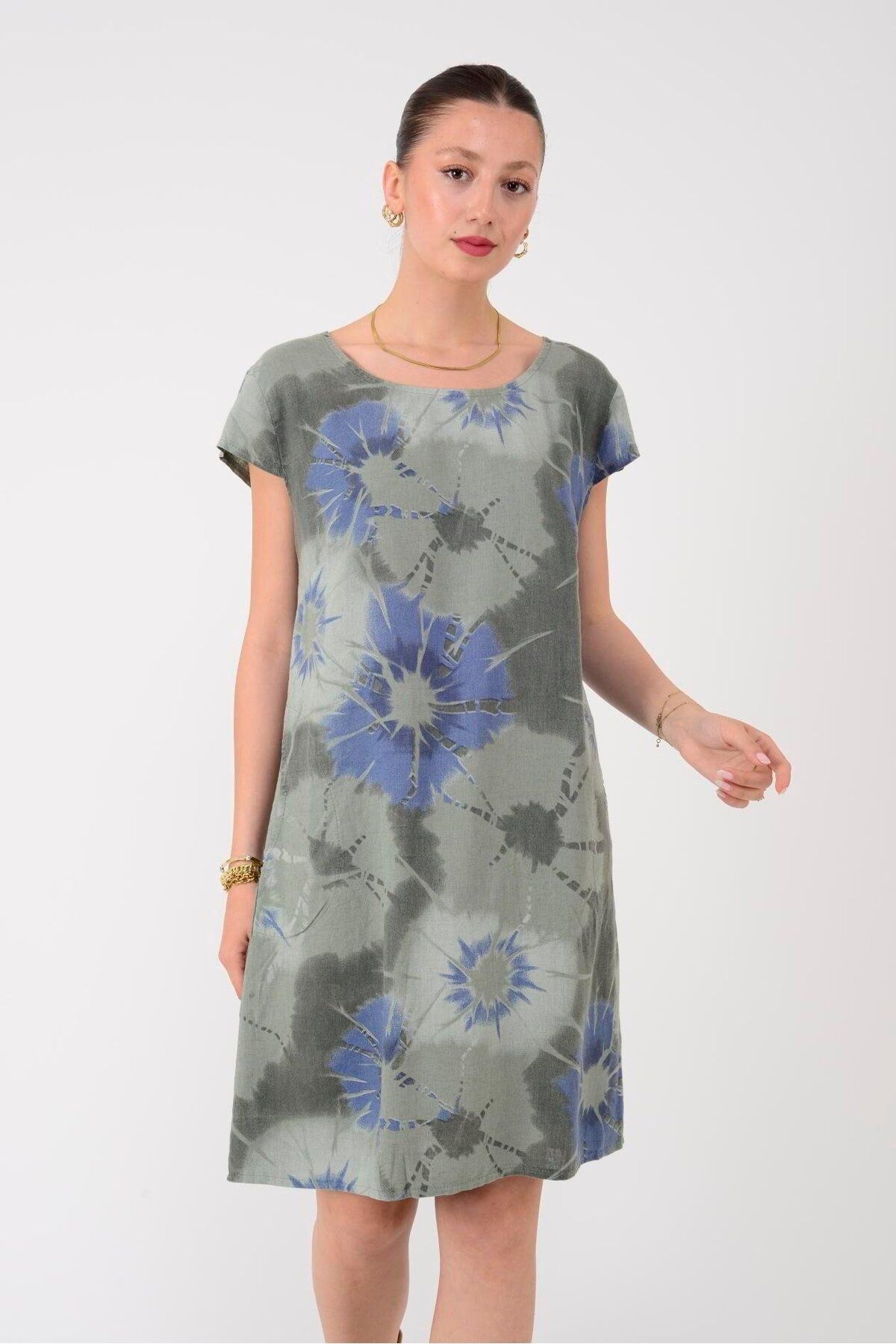 Park Moda 9531 Batik Sarmal Desen Cepli Kısa Kol Keten Elbise