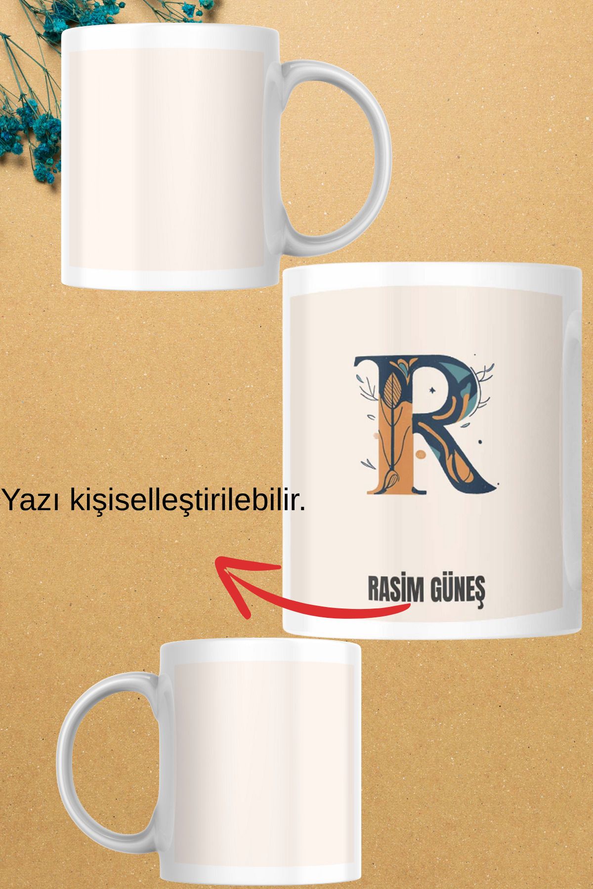 zerhome R Harf ve İsim Soyisimli Beyaz Porselen Kupa Bardak