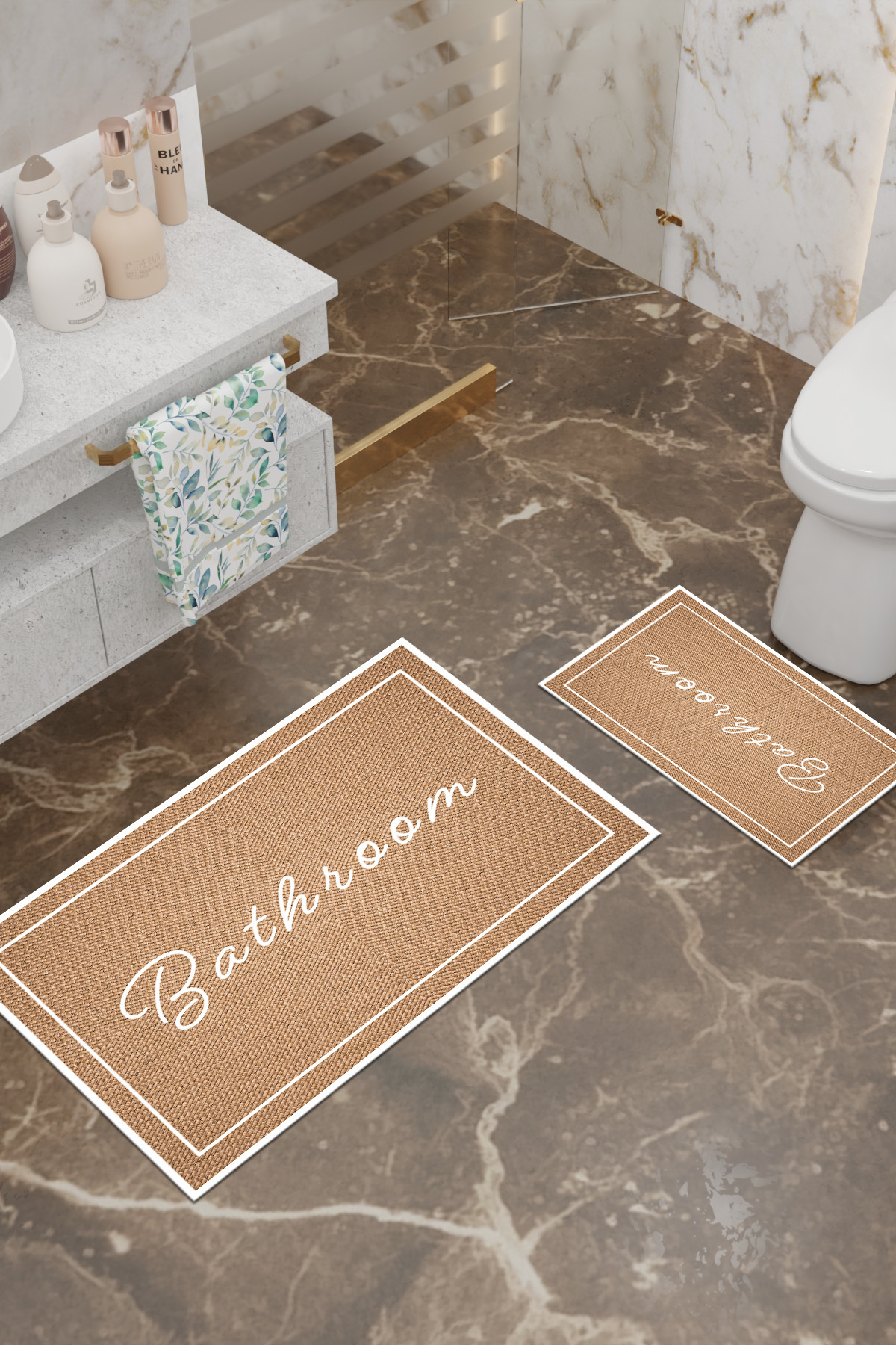 Charmbi-Wicker Patterned Eco Bath Mat, Non-Slip Base, Machine Washable, Digital Printing Set of 2 2