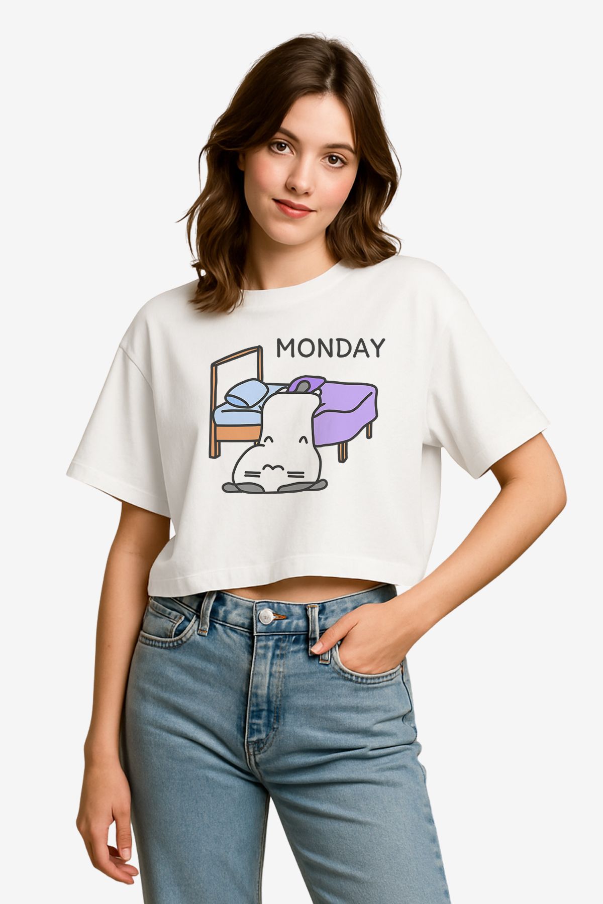 FANA Kadın Beyaz Tişört – Monday Yazılı, Renkli Figürlü Komik Baskılı Yazlık Kısa T-shirt