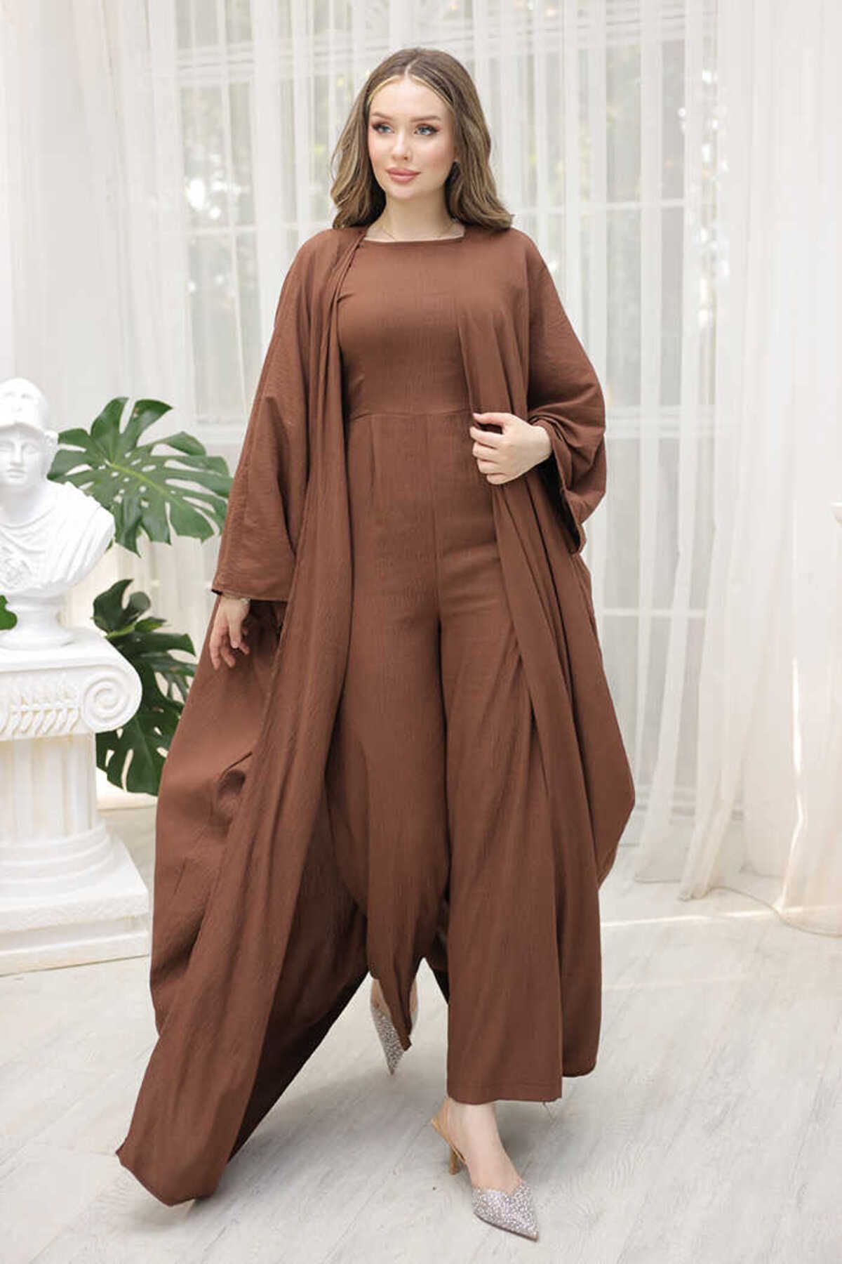 BYM Şalıyla Birlikte Tulum ve Abaya İkili Takım 8519 Kahverengi