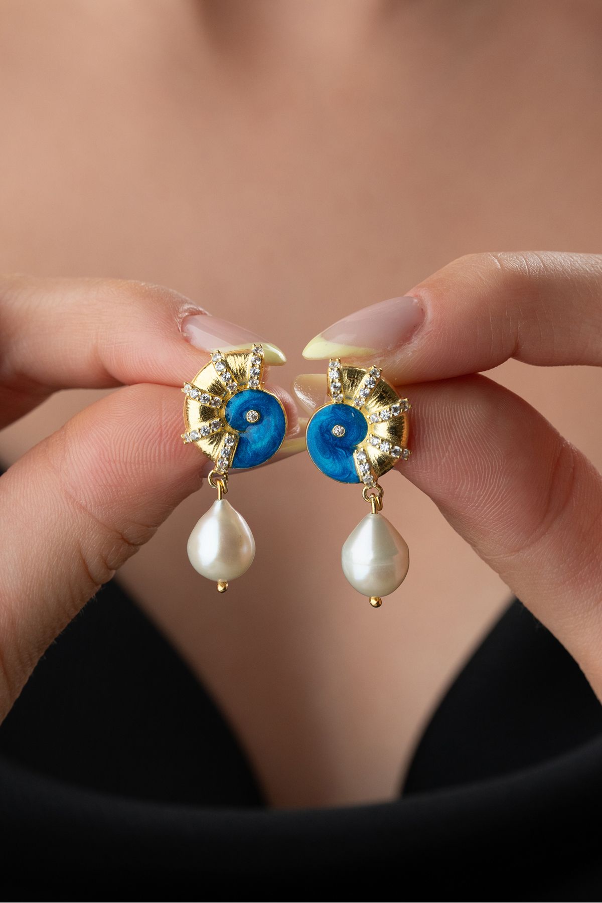 Silvano Jewelry 925 Ayar Gümüş Mavi Mineli Salyangoz İncili Küpe