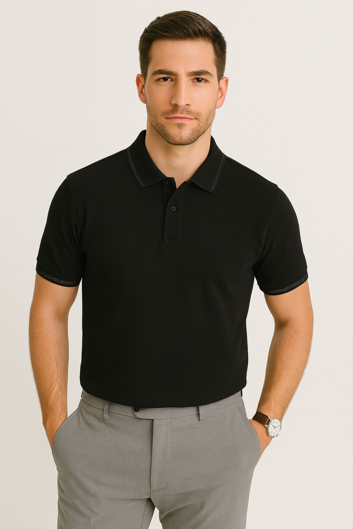 LACİVERTMEN Lacivertmen 2990-1 Casual Kontrast Detaylı Haki Polo Yaka Erkek Tişört