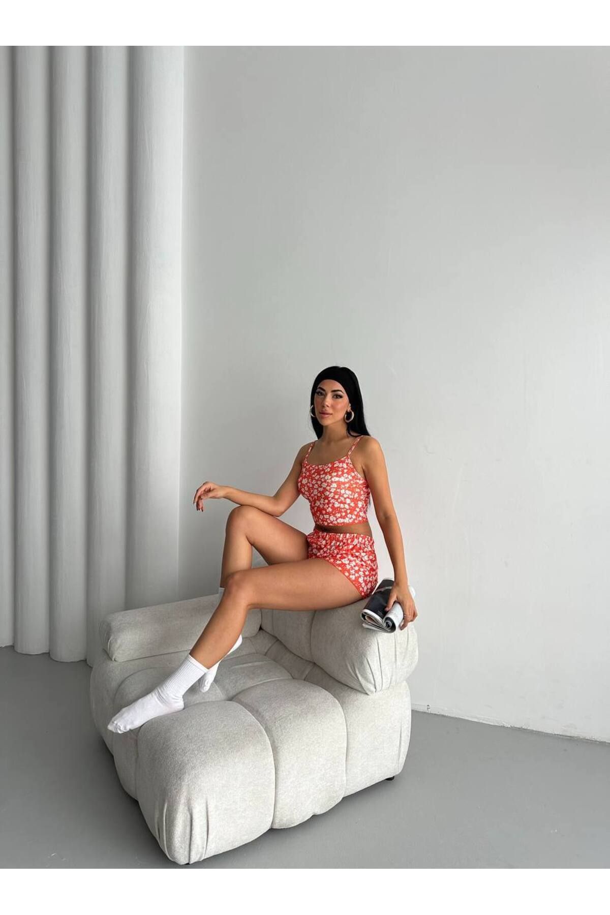tellevolle çiçekli ip askılı alt üst takım crop