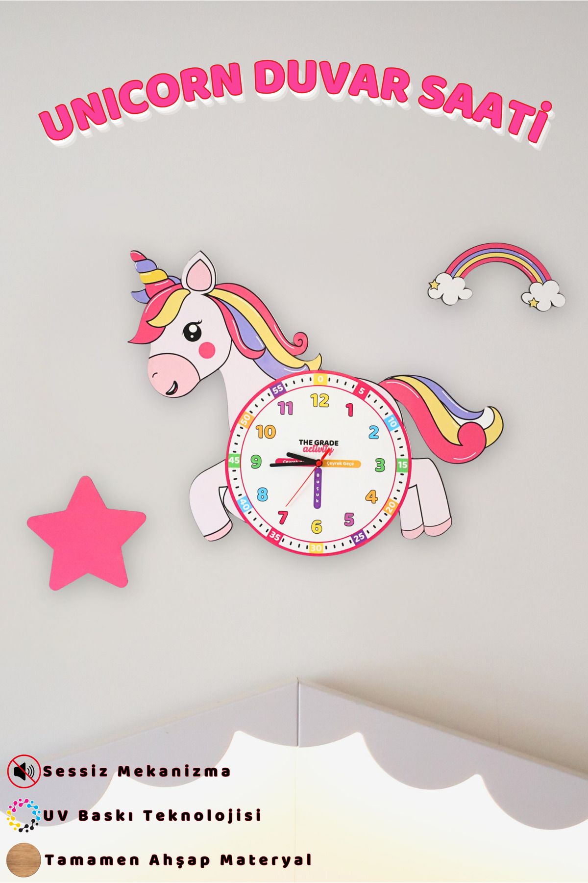 The Grade Ahşap Unicorn Temalı Çocuk Odası Duvar Saati Eğitici Saat Çocuk Odası Saat Dekoratif Saat