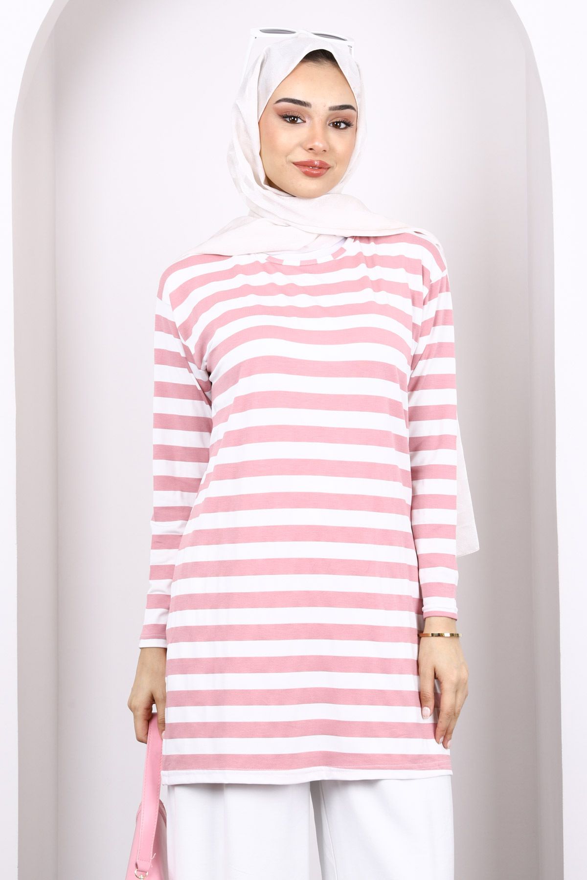 İmajButik Pudra Çizgili Uzun Kol Tunik