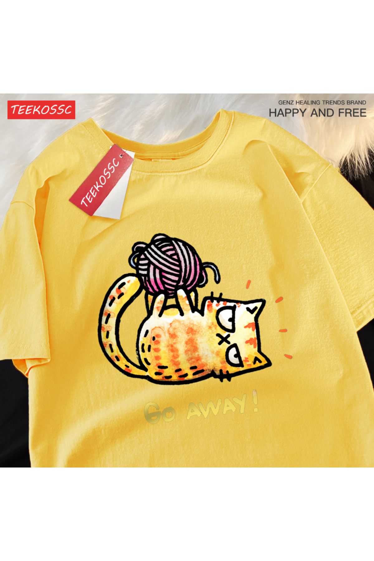 StartMore Y2k Vintage Tişört Tee Go Away bir kedi iplik bir top üzerinde