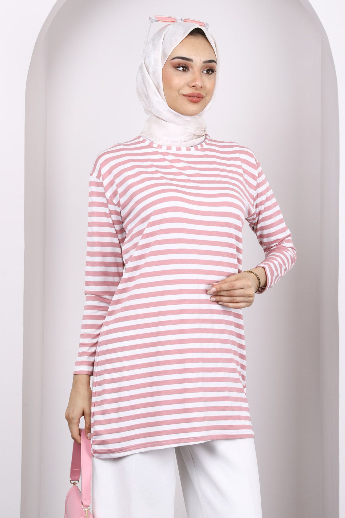 İmajButik Pudra Çizgili Uzun Kol Tunik