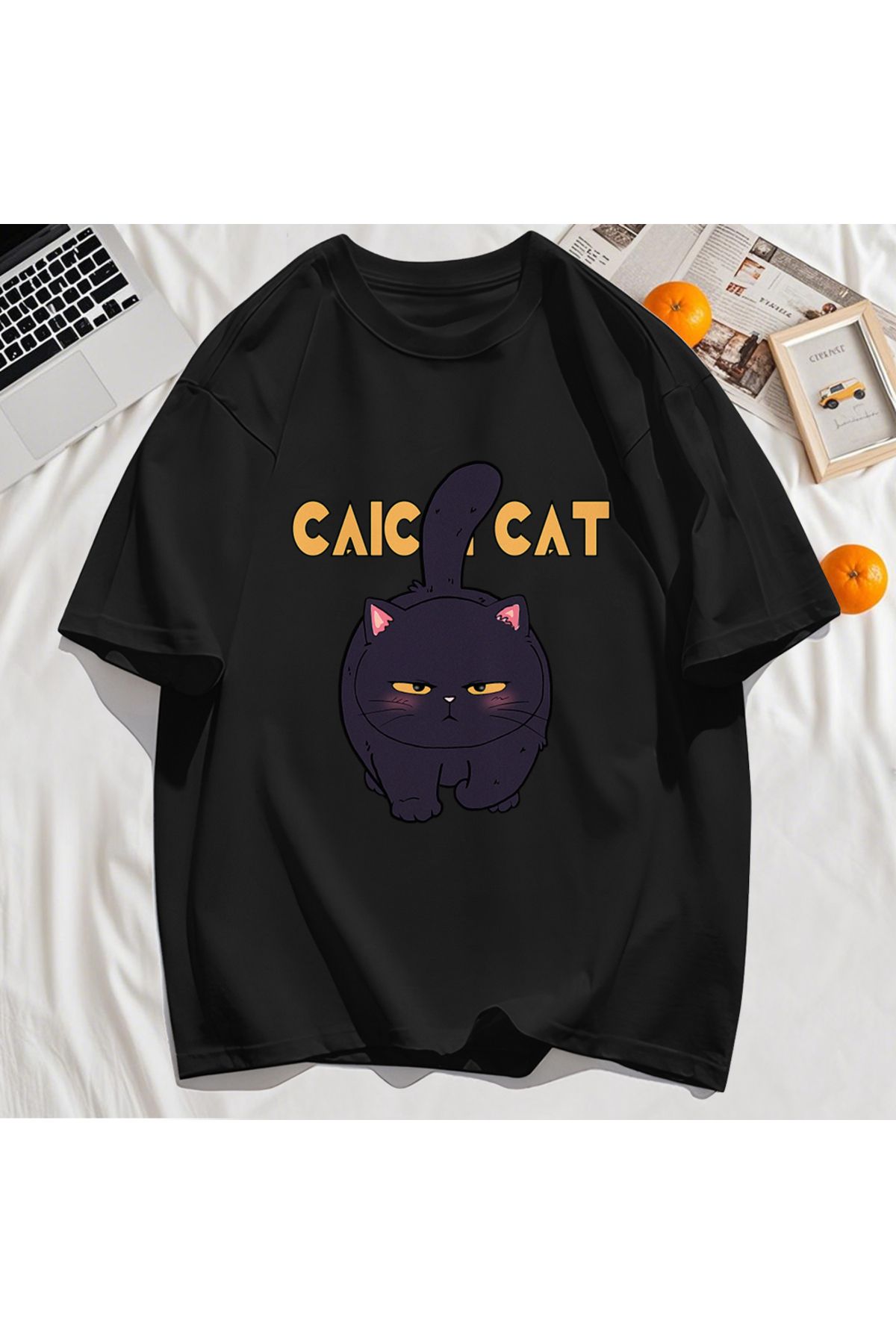 StartMore Y2k Vintage Tişört Tee Siyah Tombul Küçük Kedi Tasarım