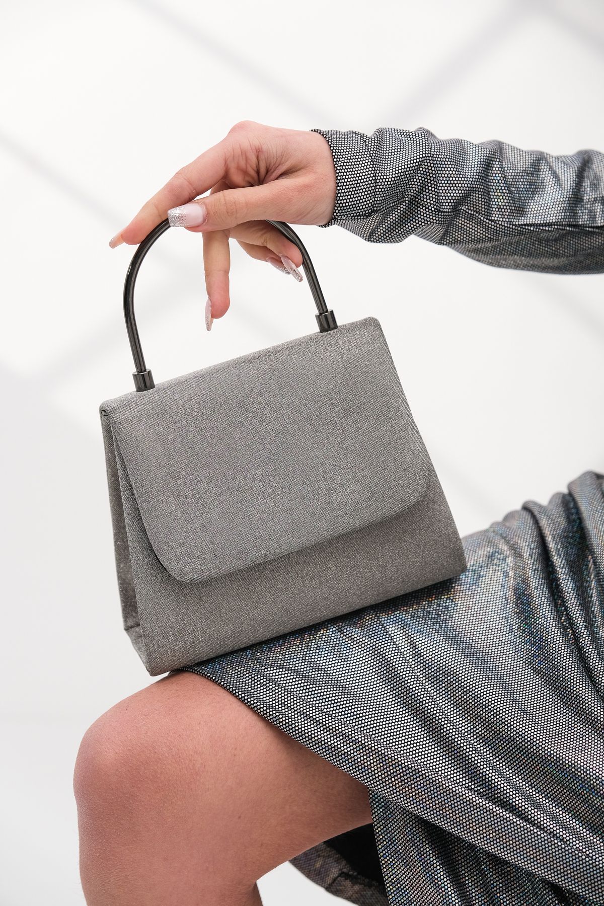ROZA CANTA Kadın Platin Simkum Abiye Clutch Portföy Çanta