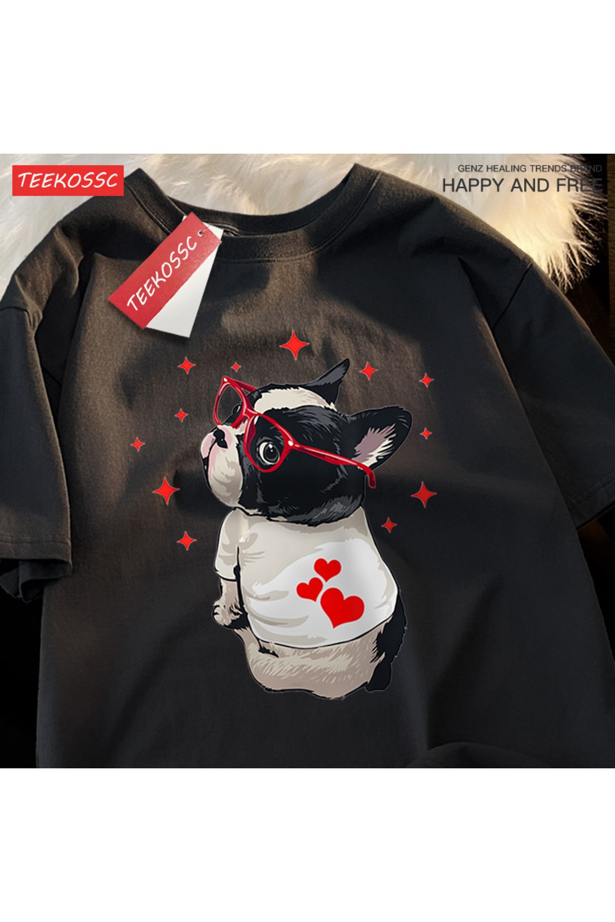 StartMore Y2k Vintage Tişört Tee Sevimli köpek geri bakmak baskı