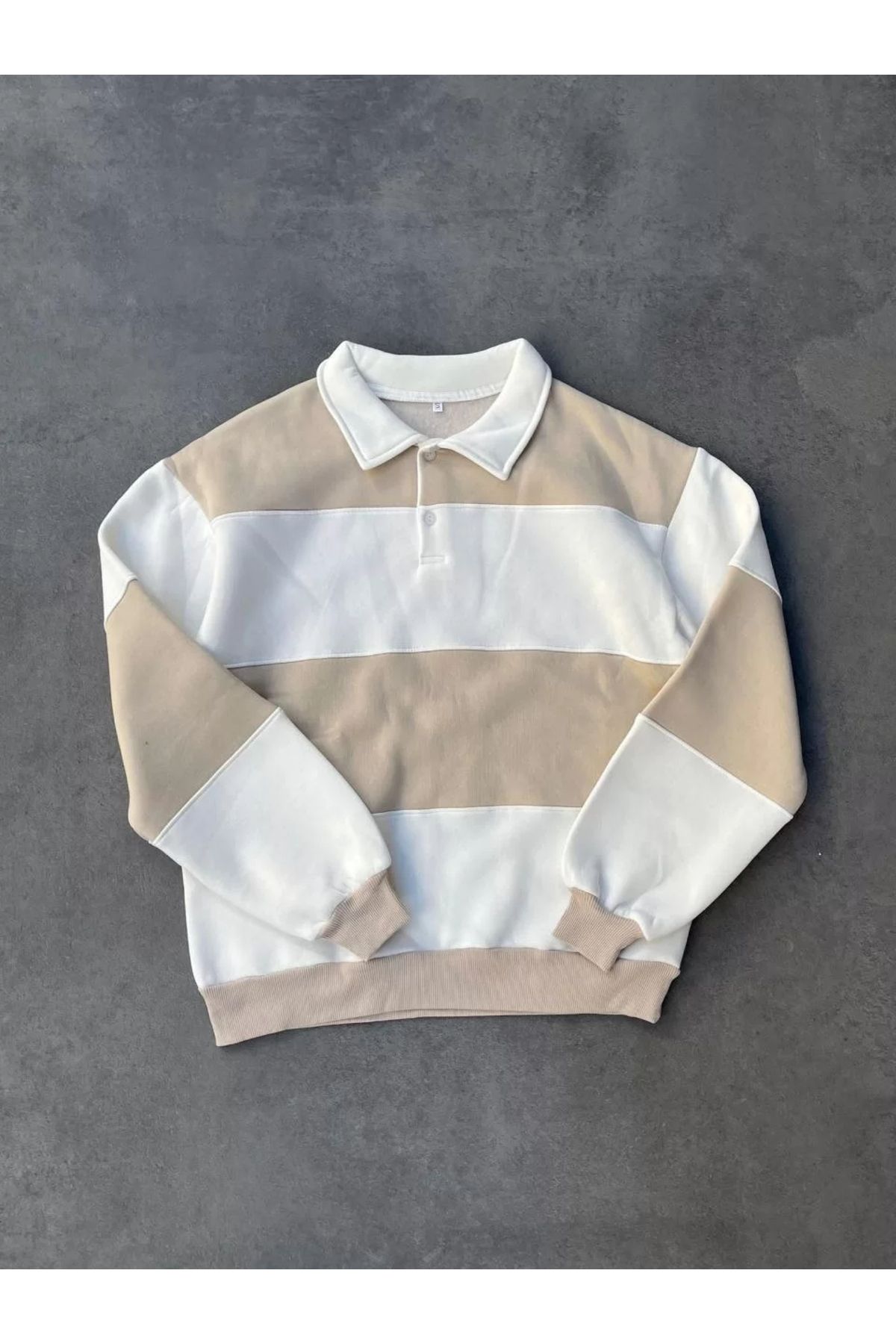 Silerra Unisex Üç İplik Parçalı Yakalı SweatShirt - Bej