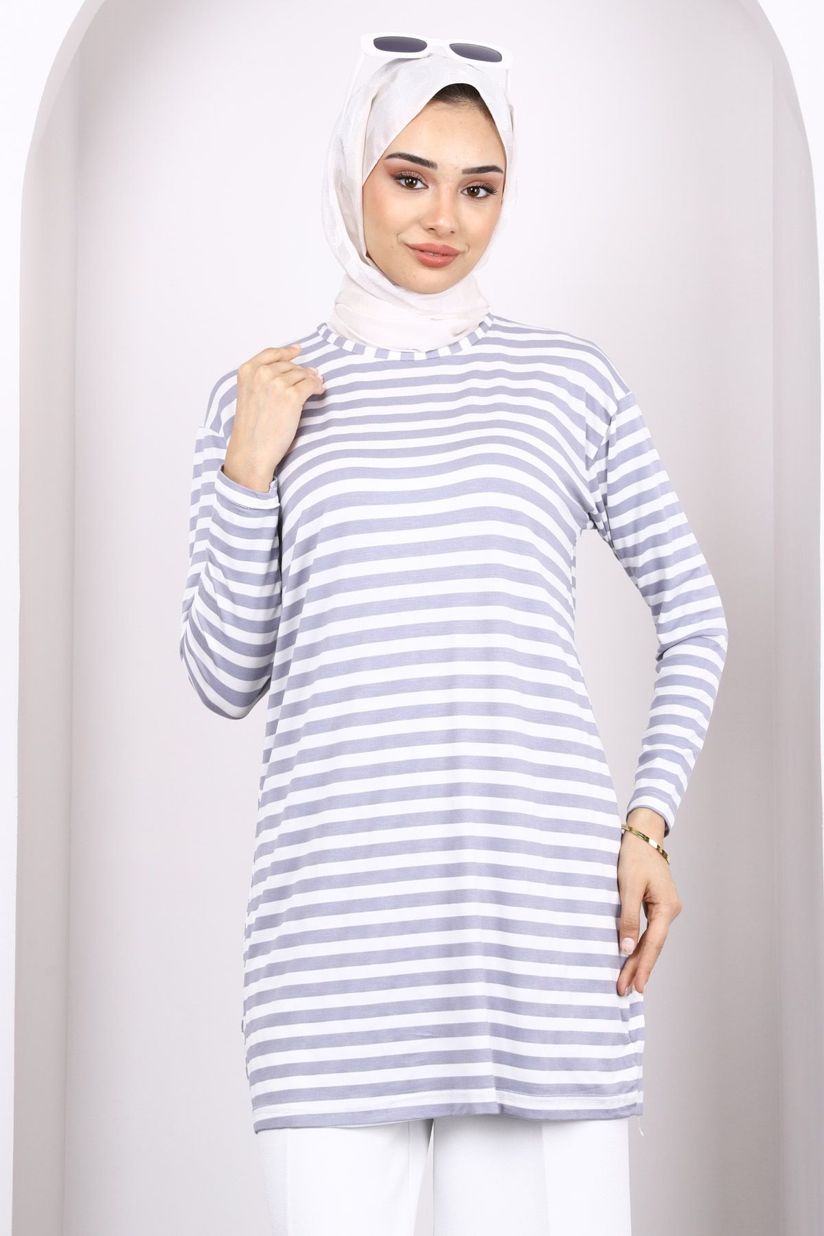 İmajButik Gri Çizgili Uzun Kol Tunik