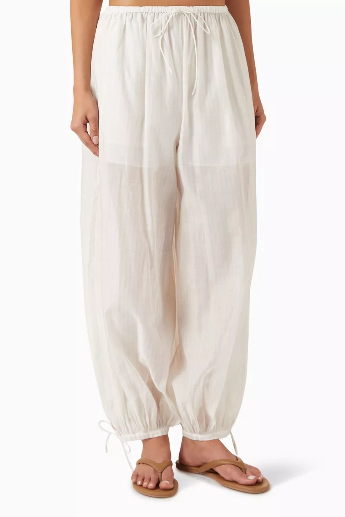 12storeez Cotton Silk Drawstring Pants, Astarlı ve Hafif Harem Pantolon Beyaz