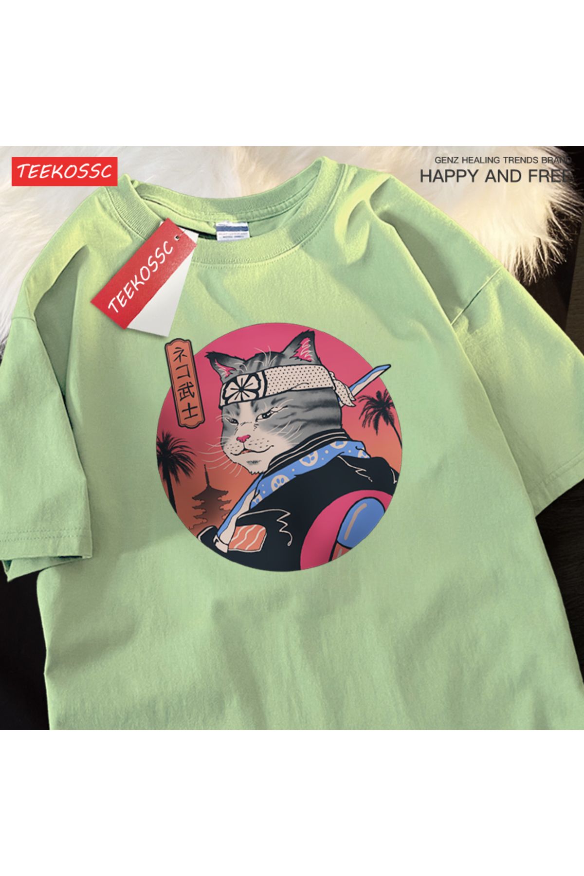 StartMore Y2k Vintage Tişört Tee Japon Harajuku samuray kılıcı kedi