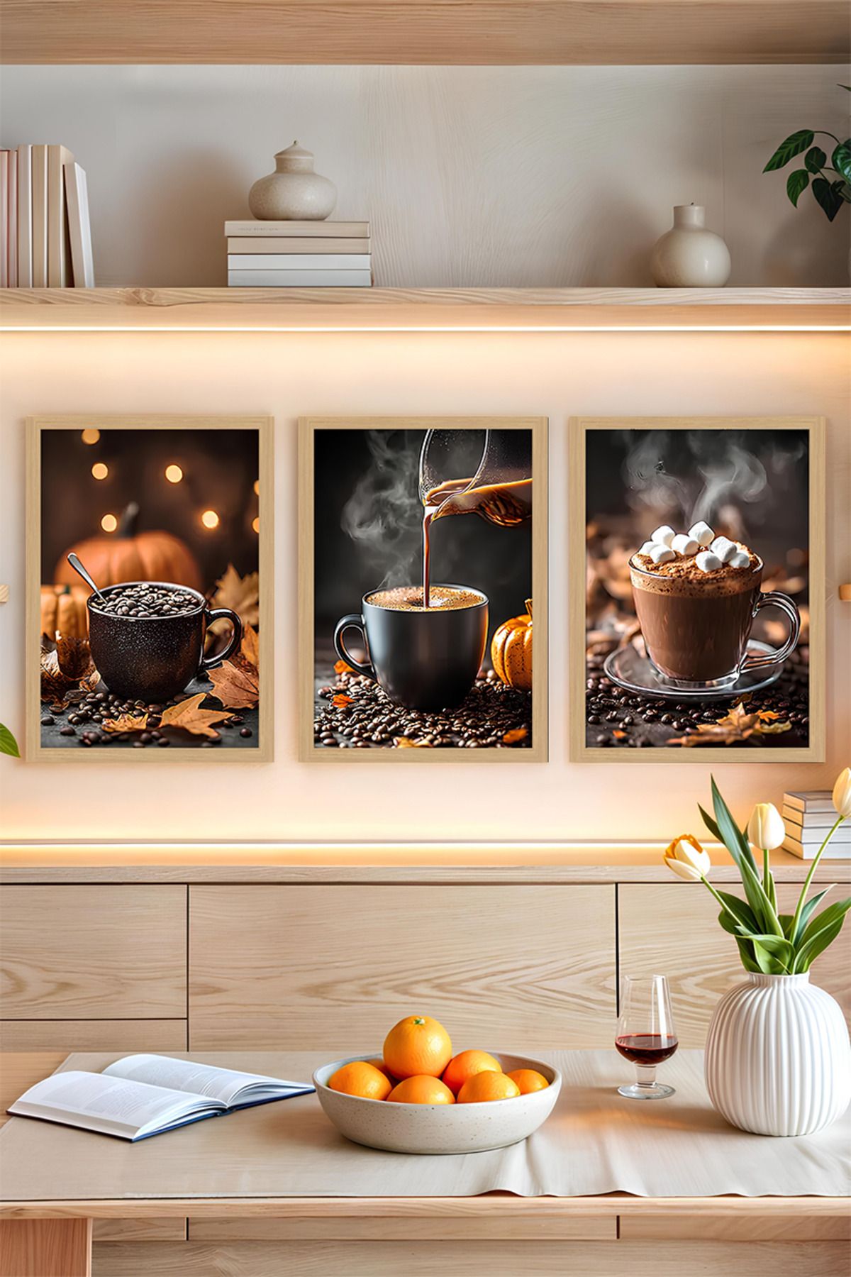 kutuTR ☕ Kahve Temalı 3'lü MDF Çerçeve Görünümlü Tablo Seti - 13x17 | 21x30 | 30x40 cm CRVS1014