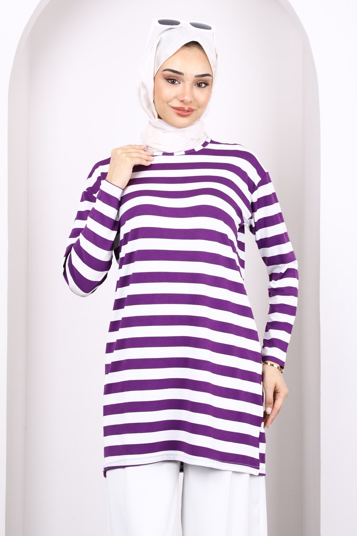 İmajButik Mor Çizgili Uzun Kol Tunik