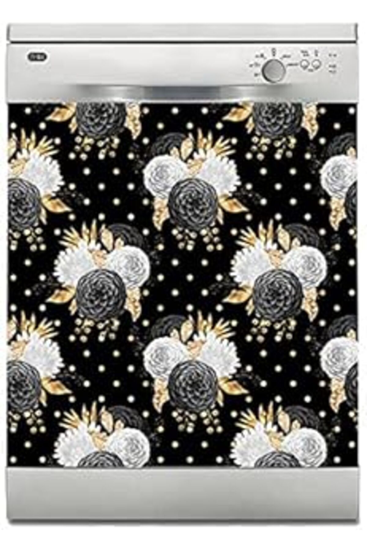 Mu Art Ahşap Bulaşık Makinesi Sticker Kaplama Beyaz Eşya Kaplama Siyah Çiçek