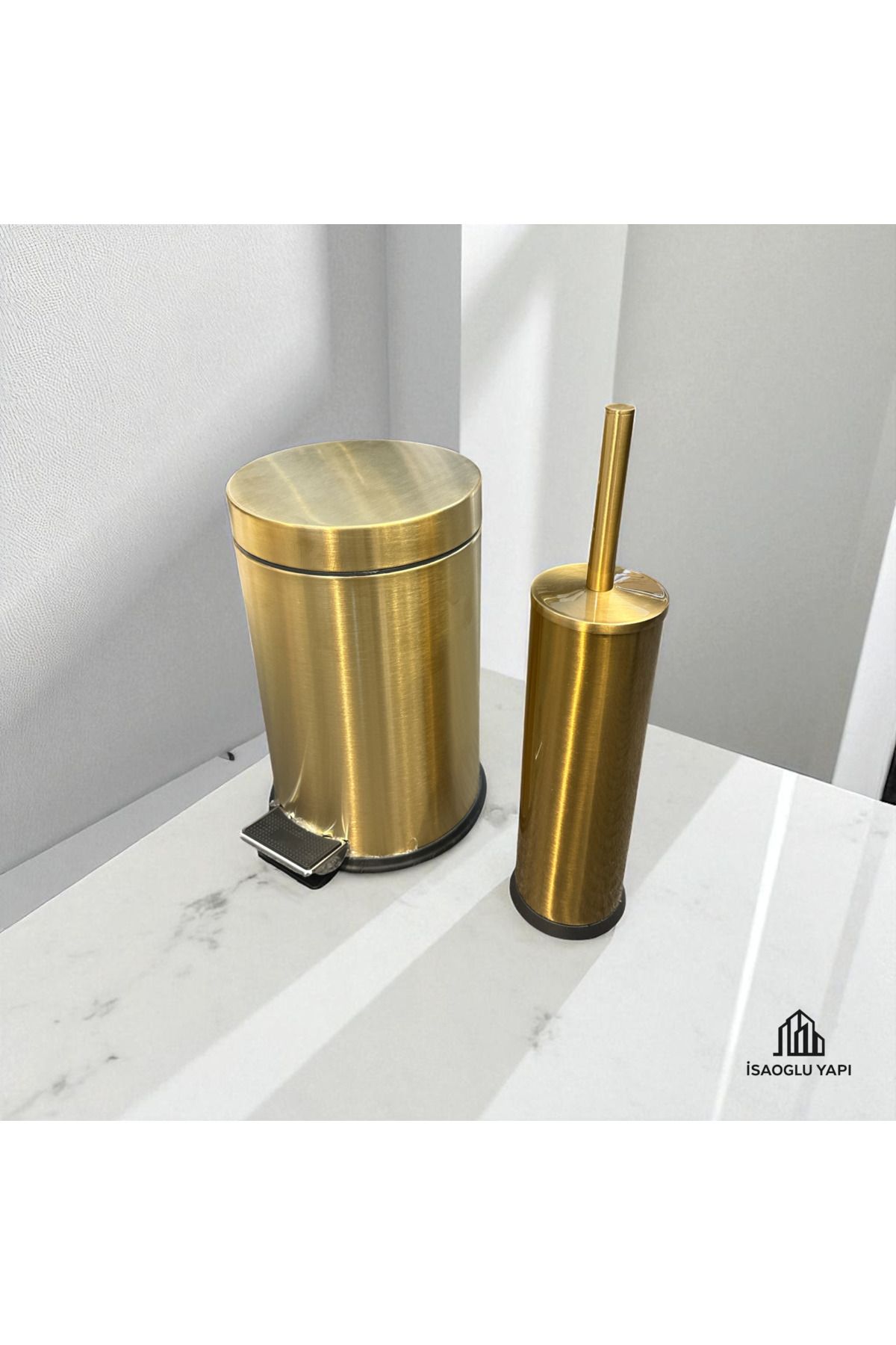 İSAOĞLU YAPI Mat Gold Kova ve Fırça Seti Fırçalanmış Altın Set Mat Gold Çöp Kovası