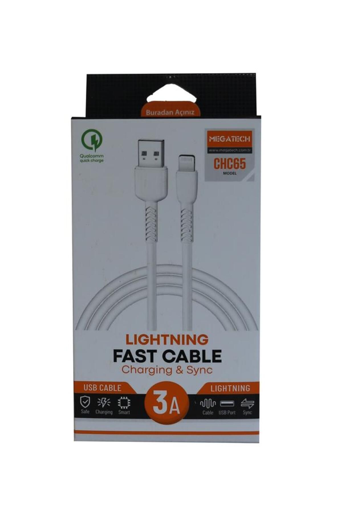 Vobotek Teknoloji Megatech CHC65 3.0A 1mt Lightning Beyaz Şarj Kablosu
