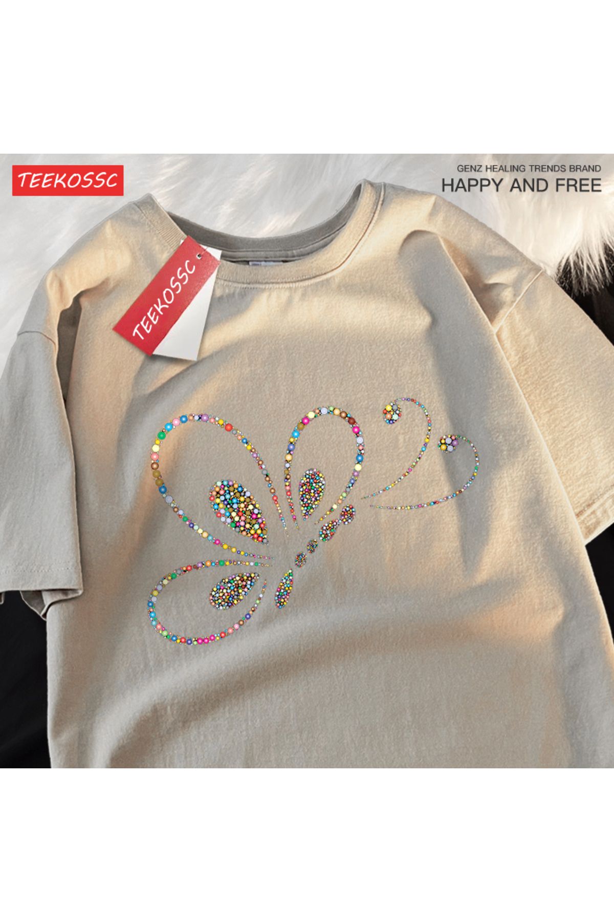 StartMore Y2k Vintage Tişört Tee Renkli boncuklar uçan kelebekler