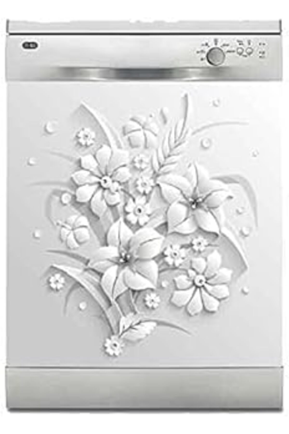 Mu Art Ahşap Bulaşık Makinesi Sticker Kaplama Beyaz Eşya Kaplama Gri Çiçekler