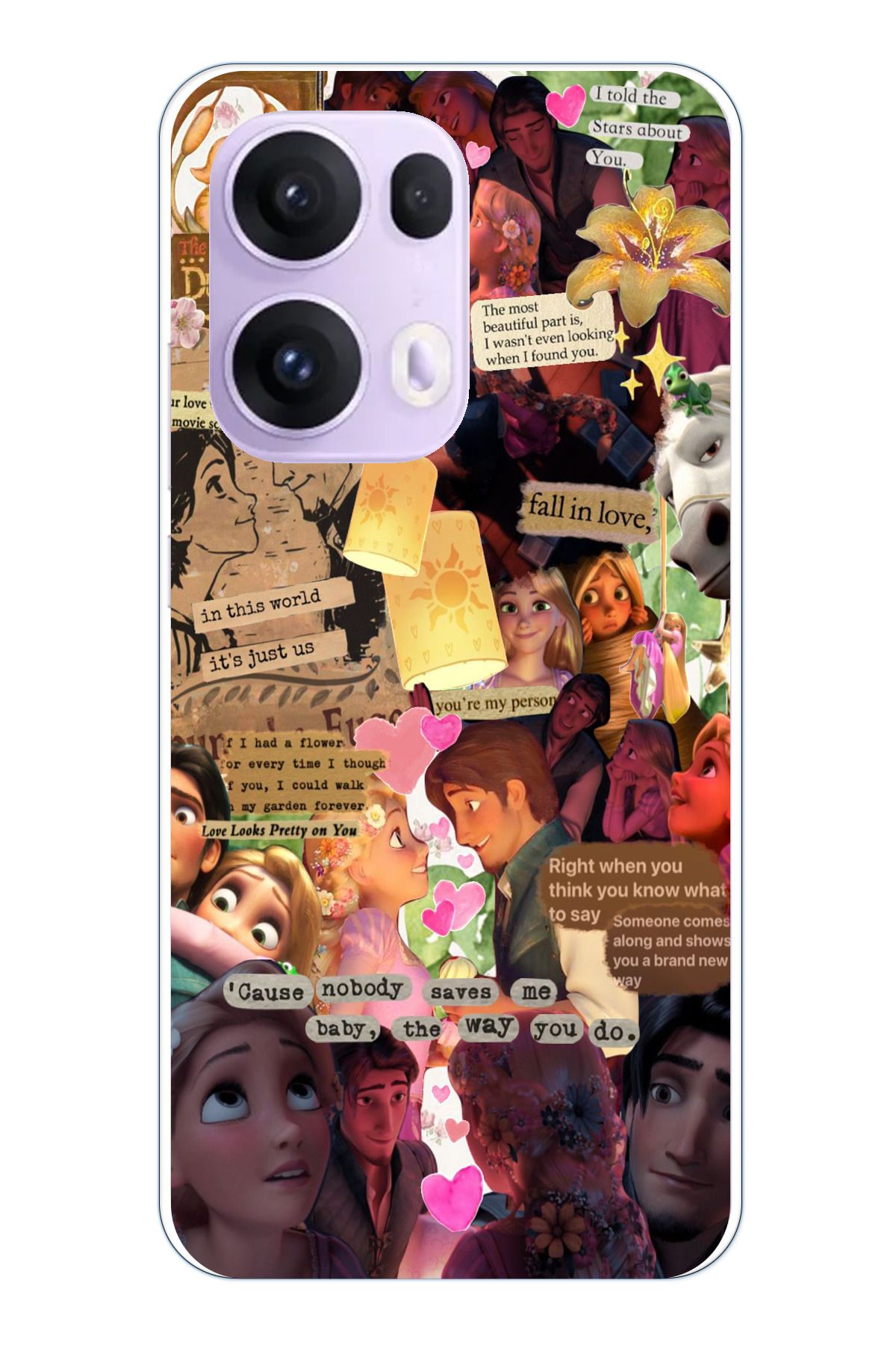 TechTree OPPO Reno 13 PRO Uyumlu Rapunzel Tangled Çıkartma Kolaj Tasarımlı Şeffaf Silikon Kılıf