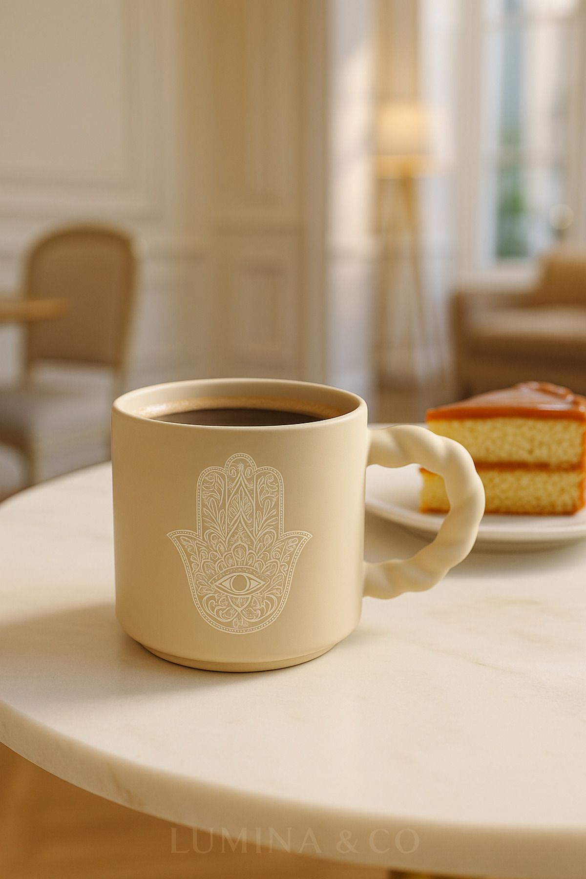 LUMİNA Hamsa Desenli Pastel Renk Porselen Kupa - 350 ml