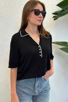Damlabutiks Polo Yaka Düğmeli Merserize Triko Bluz